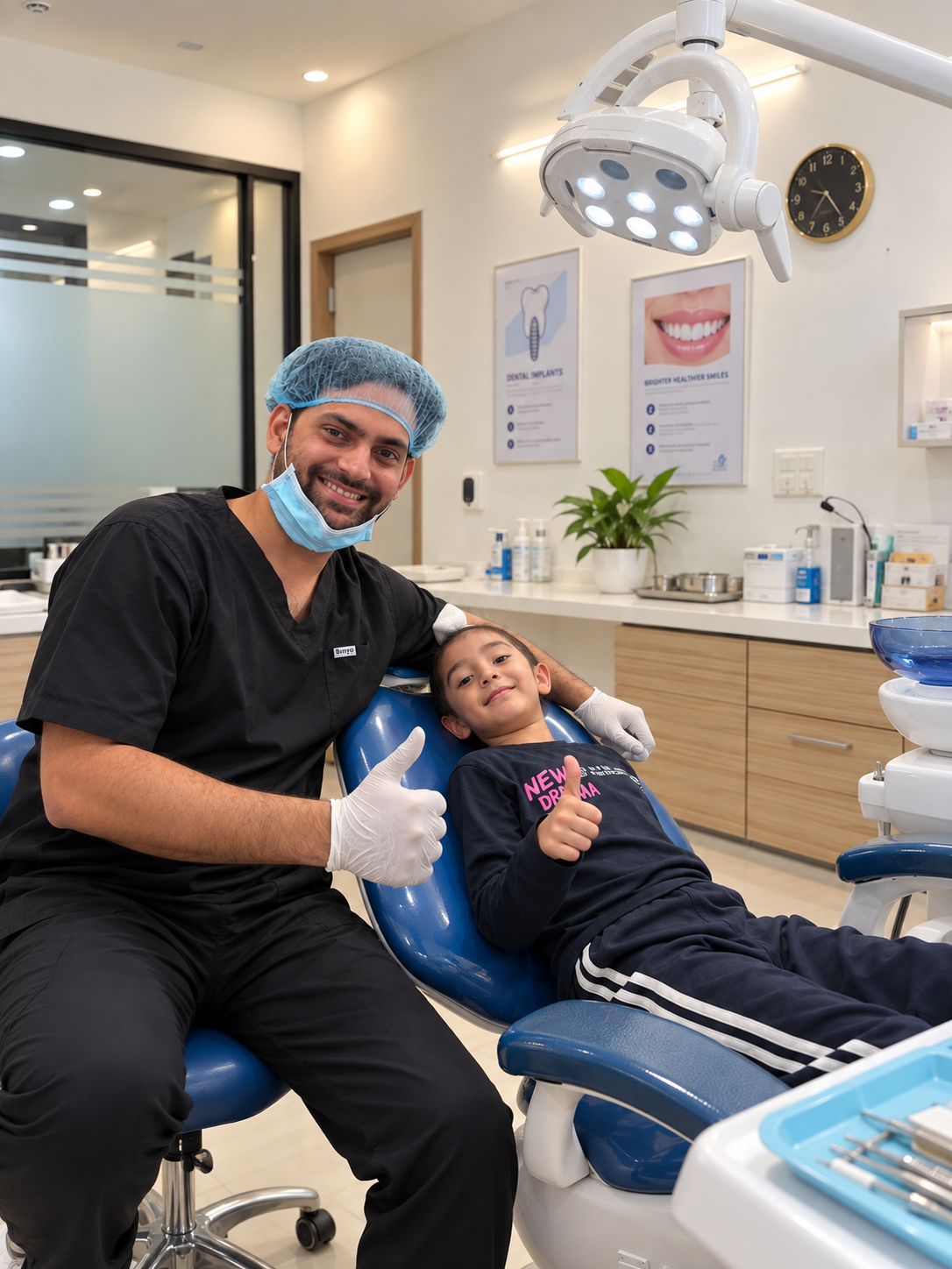 CareWave dentist with young patient giving thumbs up in treatment room
