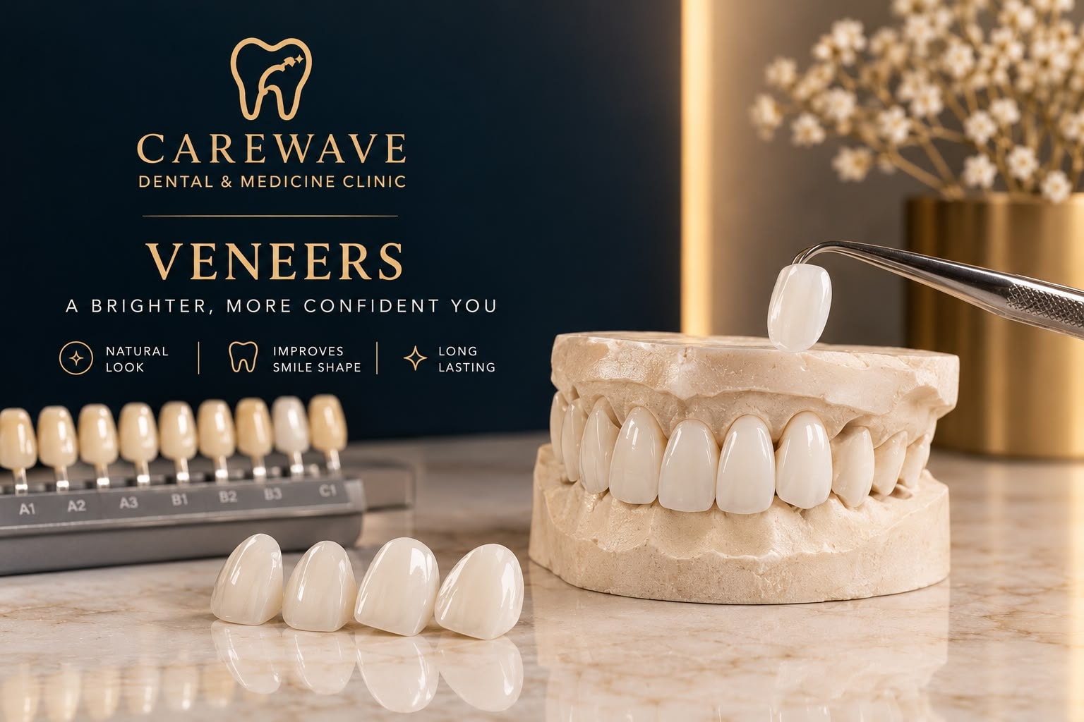 CareWave porcelain veneers with shade guide and dental model